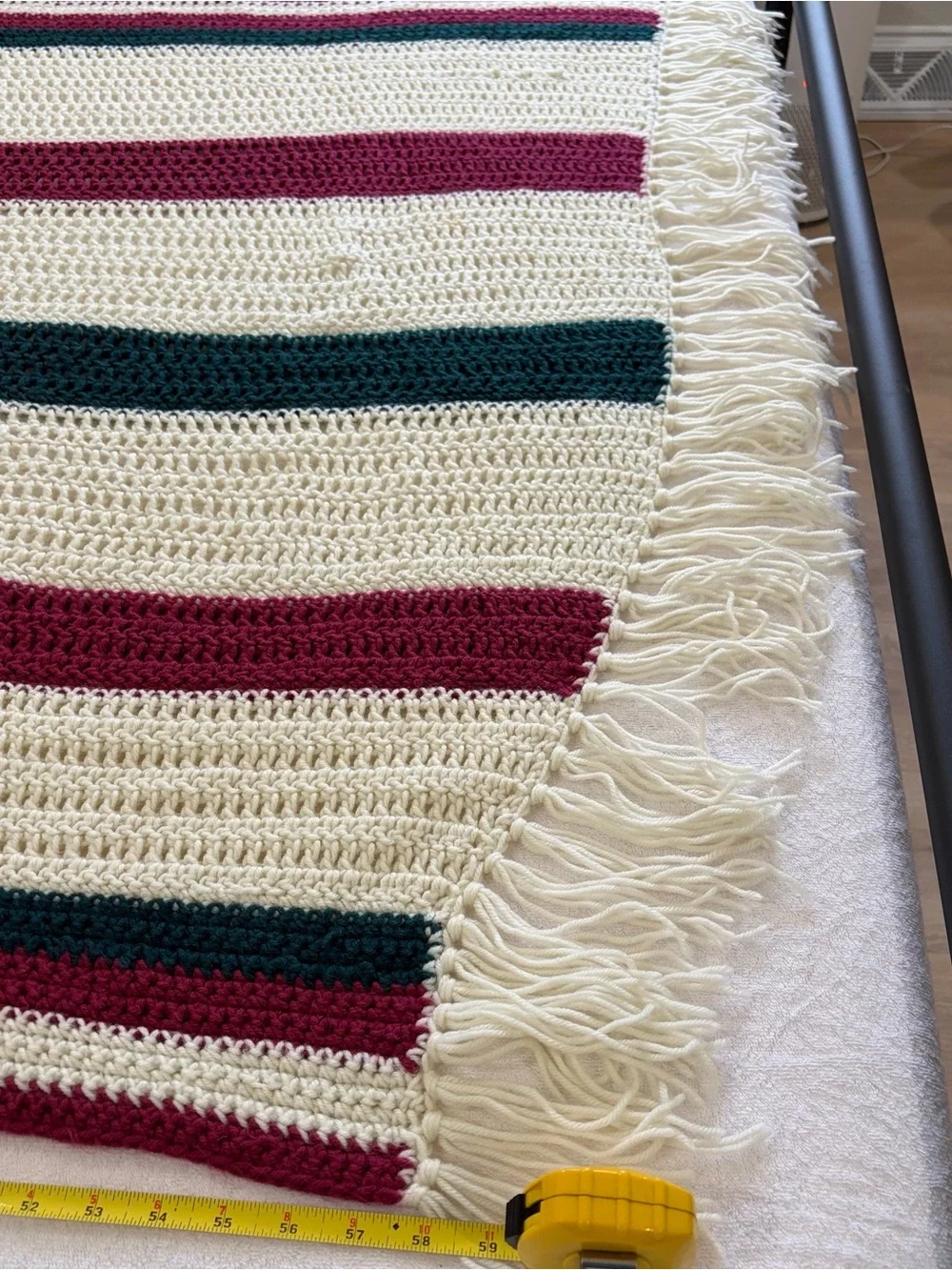 Handmade Crochet Throw Blanket Fringe Cranberry Evergreen Cream 67x43